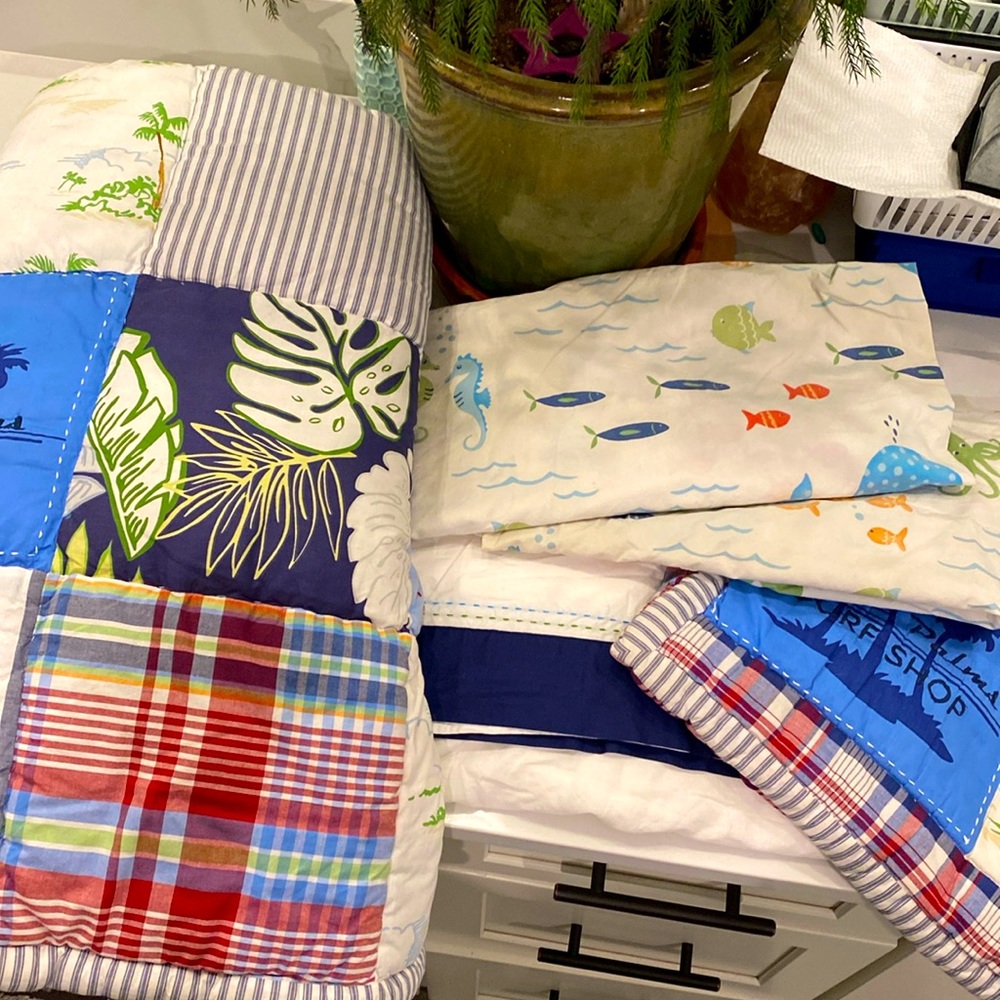 Pottery Barn Kids Blue Navy Multicolor Patchwork Baby Quilt Set